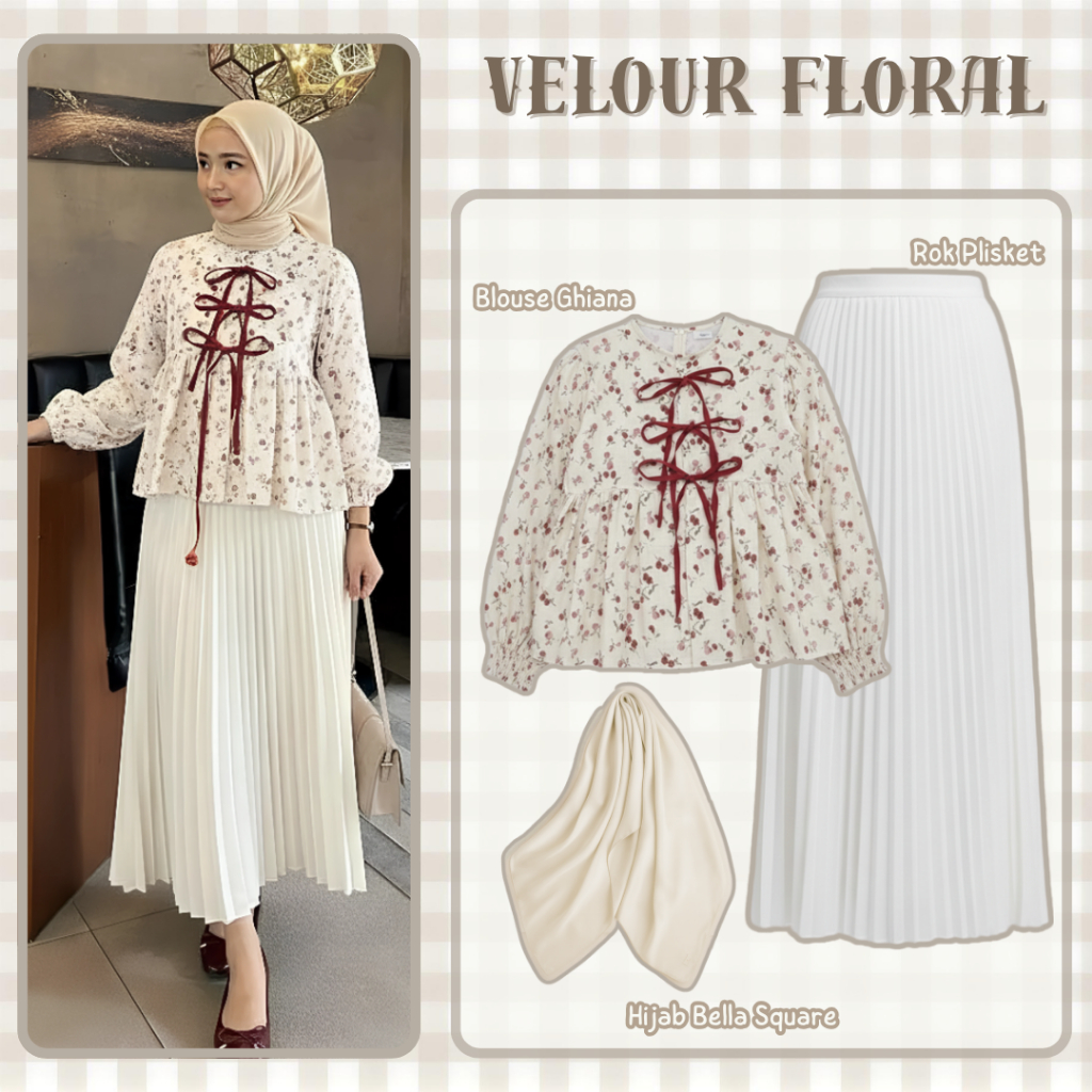 One Set Wanita Hijab Blouse Floral Rok Plisket Premium | Ootd Korean Style Remaja