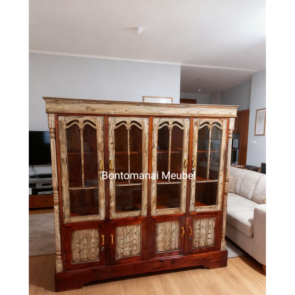 Lemari rak piring | Lemari kaca 4 pintu bahan full kayu jati
