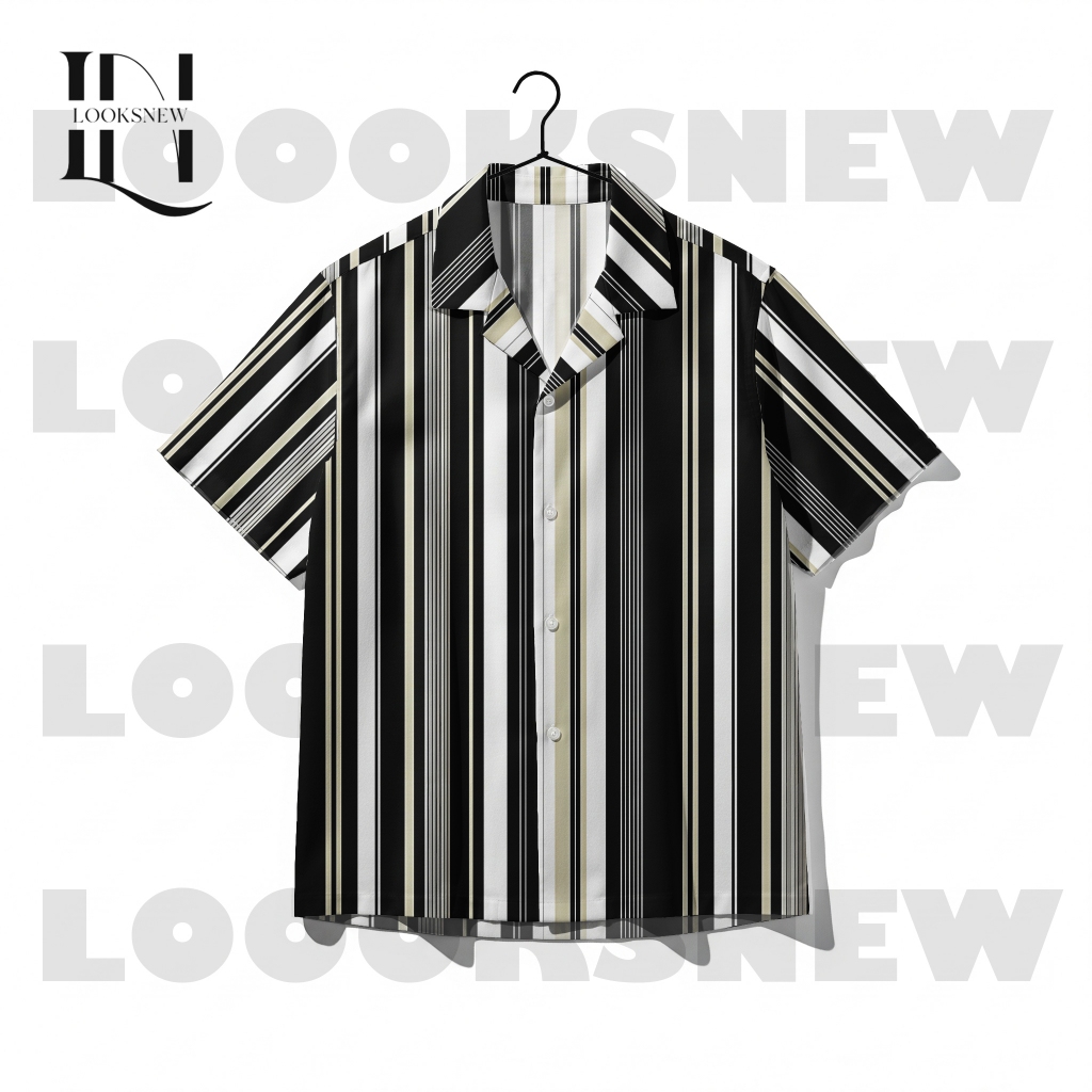 LOOKSNEW Kemeja Pria Lengan Pendek Printing Motif Garis Vertikal Striped Hitam Putih Gold Premium | 