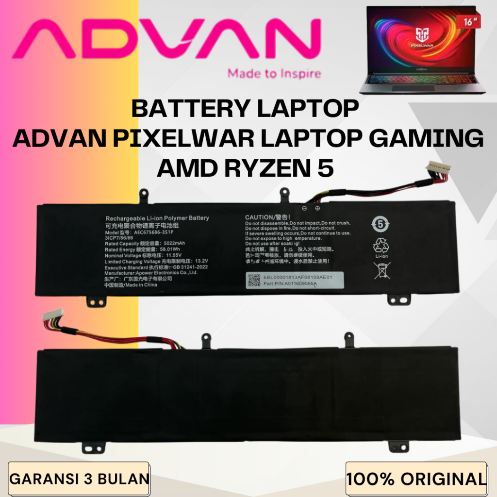 BATTERY LAPTOP ADVAN PIXELWAR GAMING AMD R5 GARANSI 3 BULAN