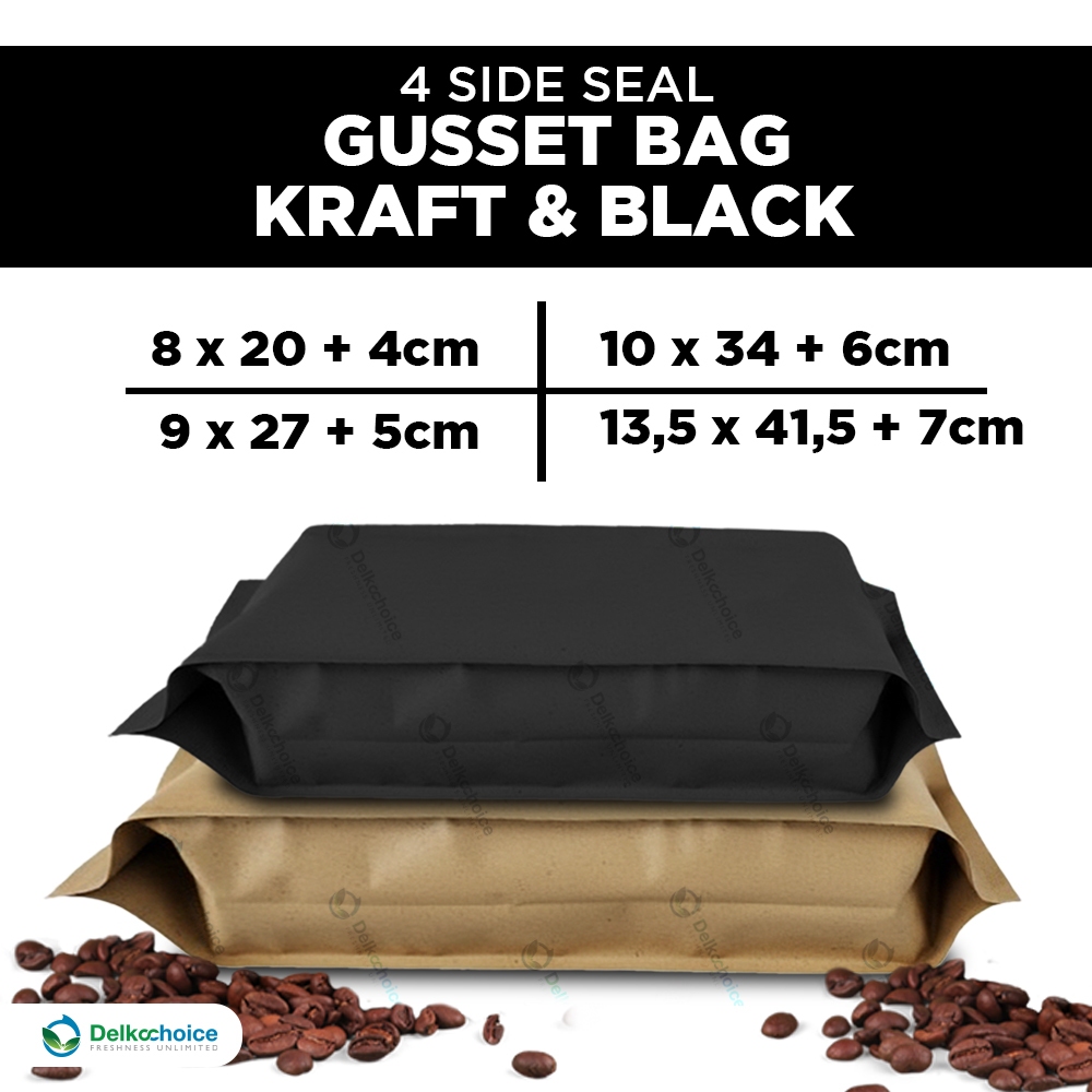 Black Kraft Metalizing Gusset Bag 4 side seal / Kemasan Gusset Metalizing Hitam Bungkus Bubuk Kopi K
