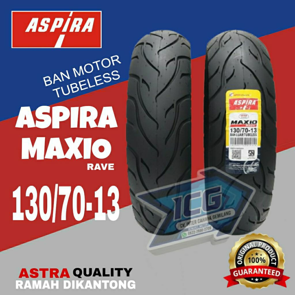 BAN LUAR ASPIRA 130/70-13 RAVE TUBELESS ORIGINAL UNTUK MOTOR NMAX, PCX 160, ADV 150/60