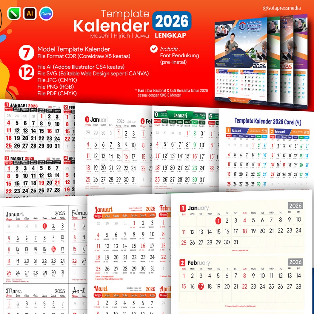 7 TEMPLATE KALENDER 2026 LENGKAP (CDR AI PDF SVG CANVA)