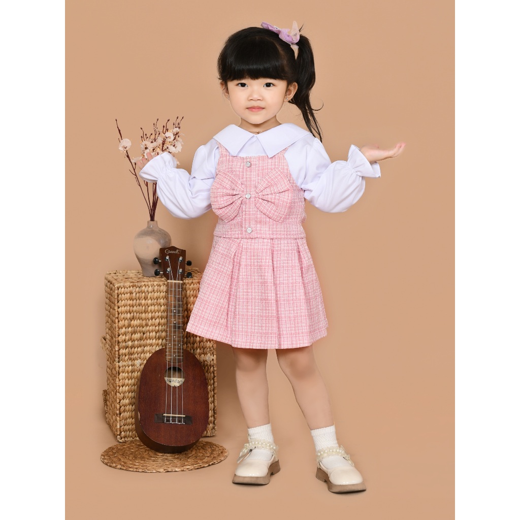 Set Baju Anak Tweed Elegan Rok Rempel dan Rompi Pita