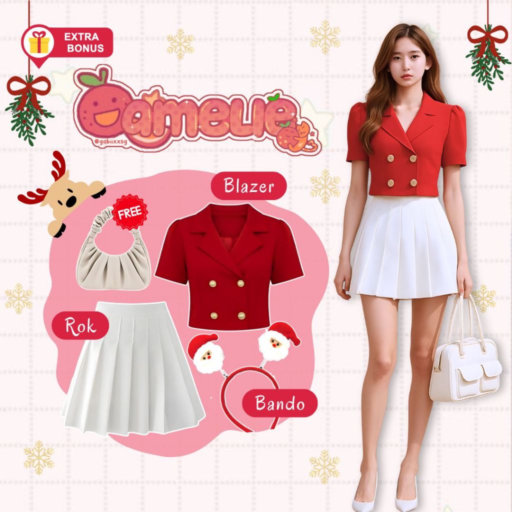 One Set 3in1 blazer rok pendek tennis rempel bando santa topi natal free tas | outfit wanita cewek m