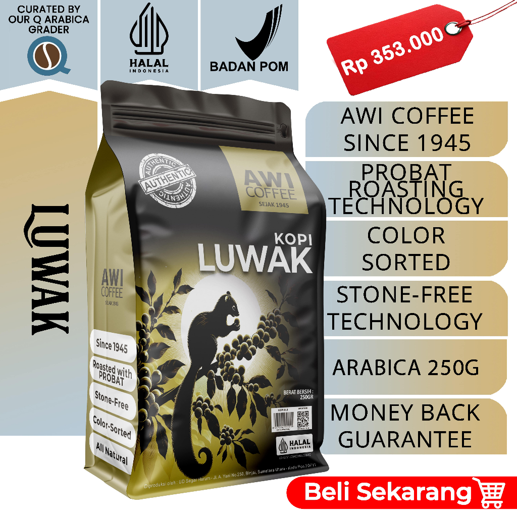 Awi Kopi Luwak 250Gr | Arabica Roasted Civet Coffee | Biji | Specialty Grade