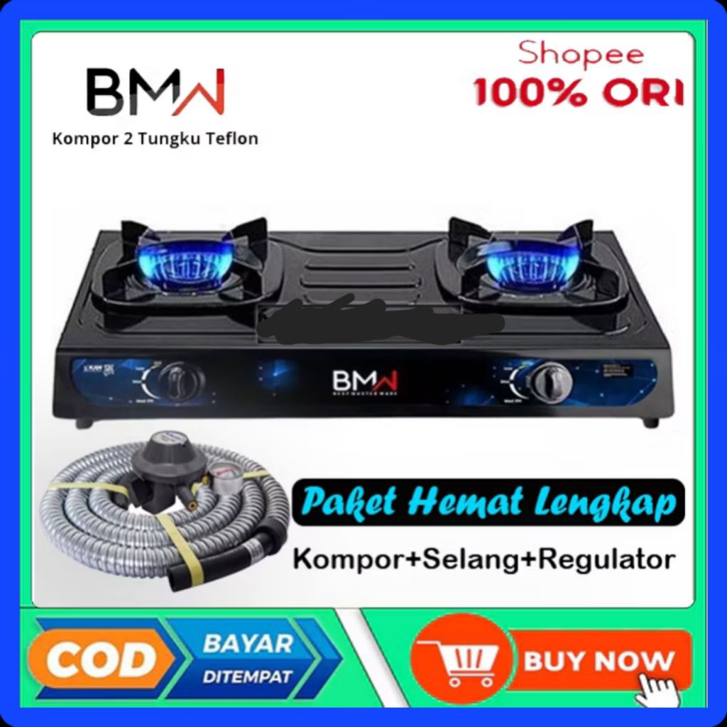 PAKET HEMAT Kompor BMW 2 Tungku Teflon + Selang Gas Flexible Regulator SNI