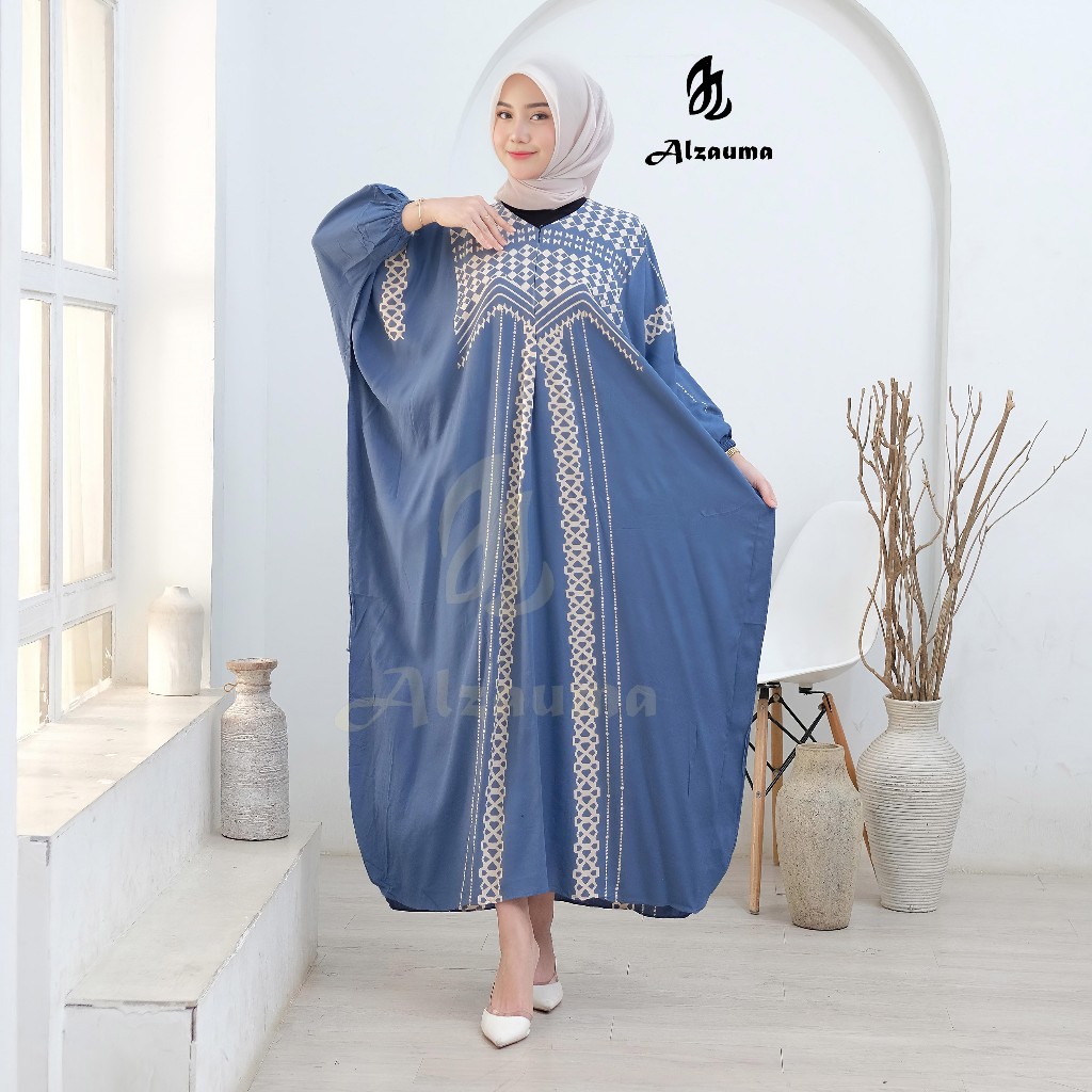 ALZAUMA Gamis Kaftan | Gamis Lengan Kelelawar | Dress  | Kaftan | Gamis terbaru Motif Bulan