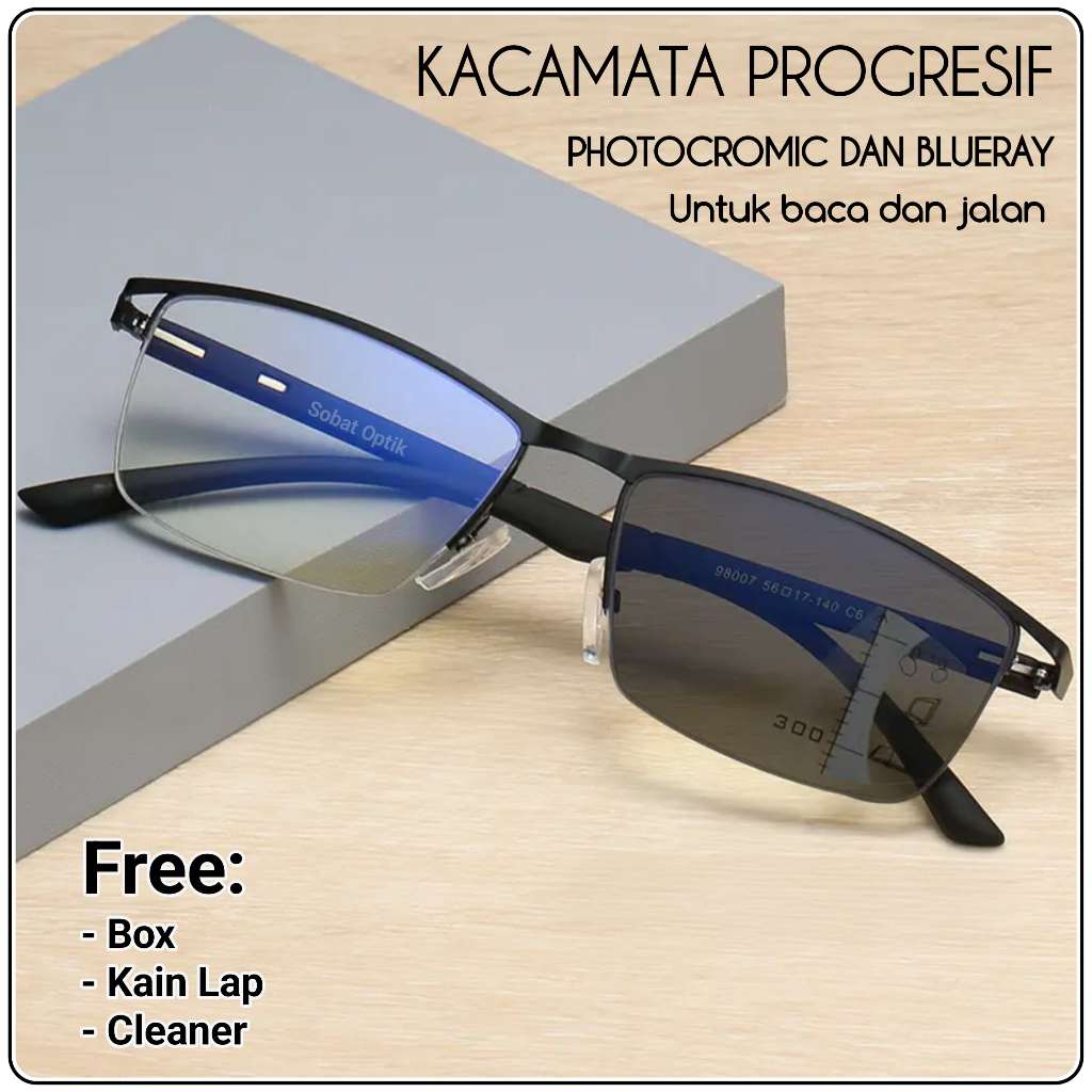 Kacamata Progresif Baca Dan Jalan Photocromic Dan Blueray Ukuran +1.00 Sampai +3.00 Bisa Untuk Pria 