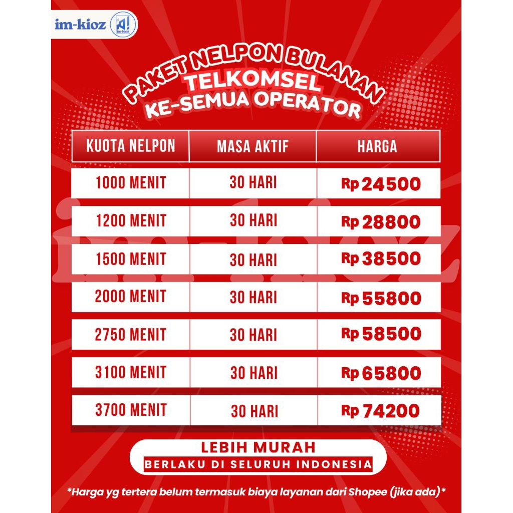 [LEBIH_MURAH]Paket Nelpon Bulanan Telkomsel 1000-3700 Menit 30 Hari, ke Semua Operator, Berlaku di S