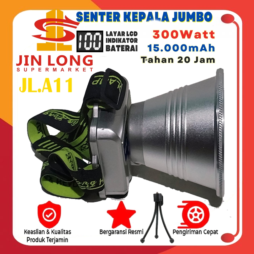Senter Kepala / Headlamp Jinlong JL A11 + Adaptor waterproof / tahan air 300 watt SANGAT TERANG