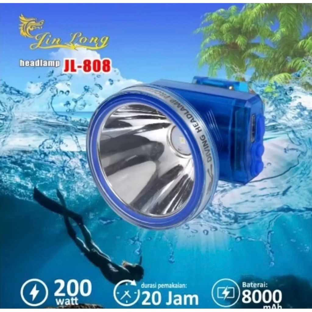 JinLong Senter Kepala Selam  JL-808 SPESIFIKASI Baterai Lithium 18650 LED 200W Waterproof ABS 20 Jam