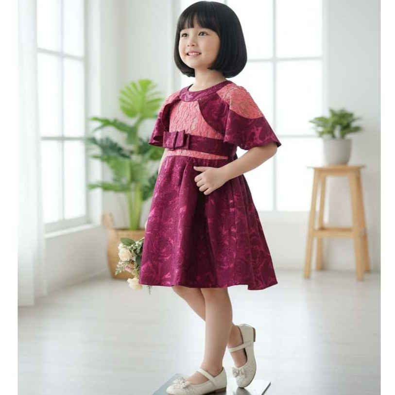 Gaun Pesta Anak Perempuan Terbaru Rok Mekar Jacquar Gliter Motif Import Mix Brukat Korneli-COD-BQQK