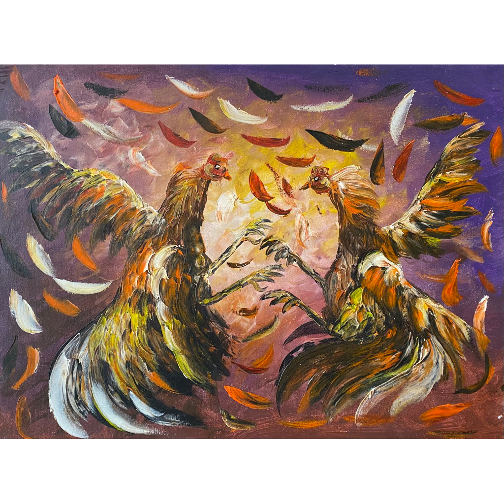 Lukisan Ayam Jago, Lukisan Khas Bali, Lukisan Canvas buatan tangan, Ukuran : 80 cm x 60 cm