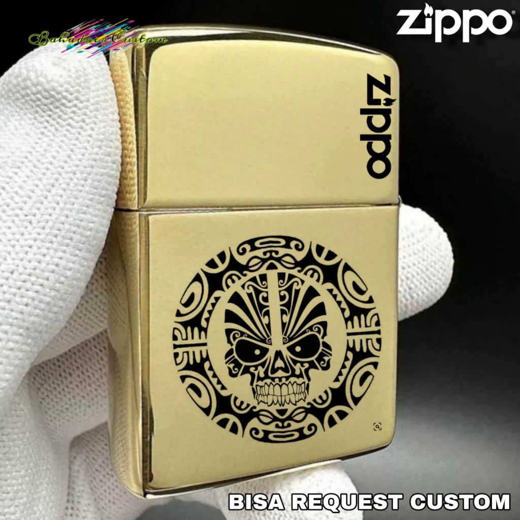 KOREK API ZIPPO GOLD CHROME CUSTOM GRAFIR SKULL TATTO BISA REQUEST CUSTOM GRAFIR SESUAI DENGAN KEING