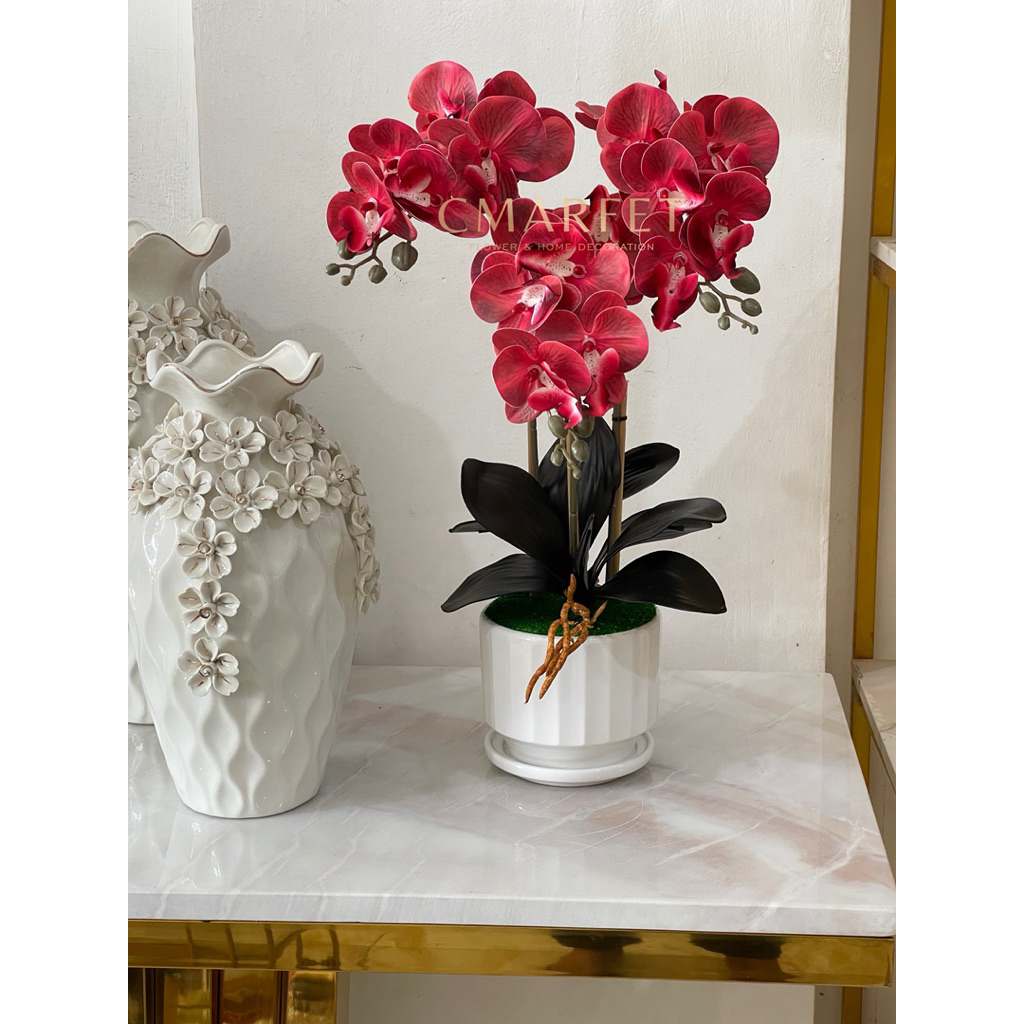 bunga meja anggrek vas keramik dan melamin gold