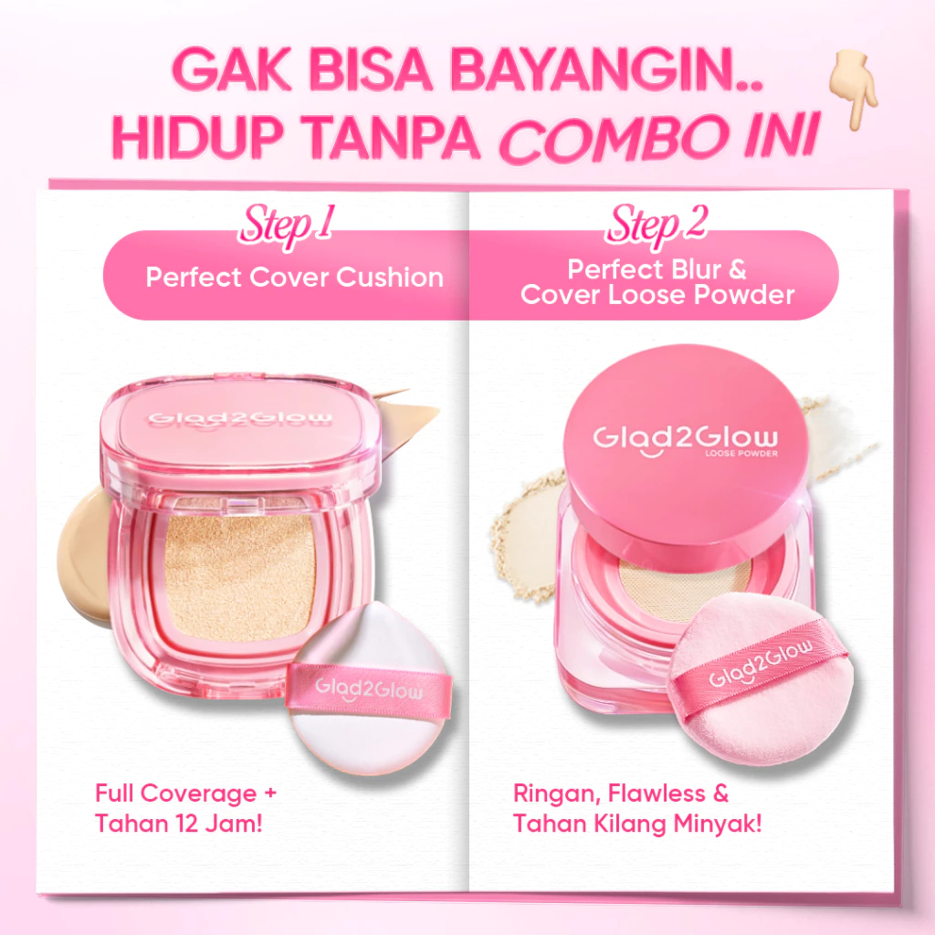NEW Glad2Glow Paket 2lN1 VELVET MAKEUP SET LOOSE POWDER CUSHION Make Up Bedak padat bedak tabur Foun