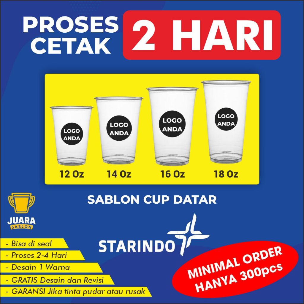 Sablon Cup Datar STARINDO Gelas Packaging Plastik PP Custom 12 Oz, 14 Oz, 16 Oz, 18 Oz, 22 Oz Tebal 