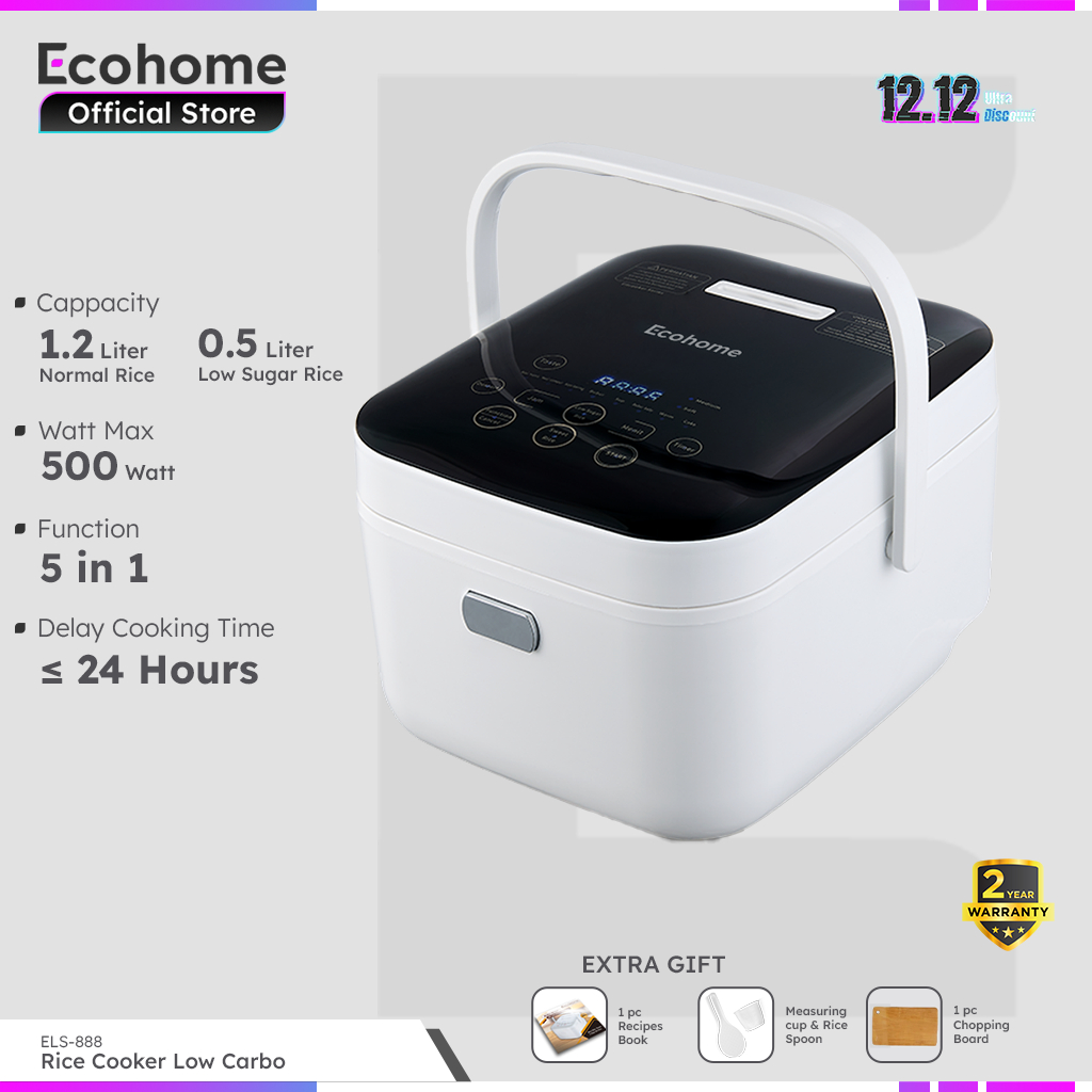 ECOHOME Rice Cooker Low Carbo ELS888 Innerpot 1.2L Capacity Penanak Nasi 3L Serbaguna Low Watt