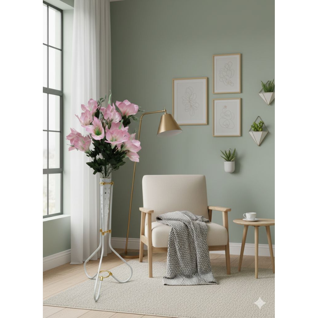 Bunga Amarilis Artificial Premium berikut dengan pot dan standing besi bunga hias bunga sudut ruanga