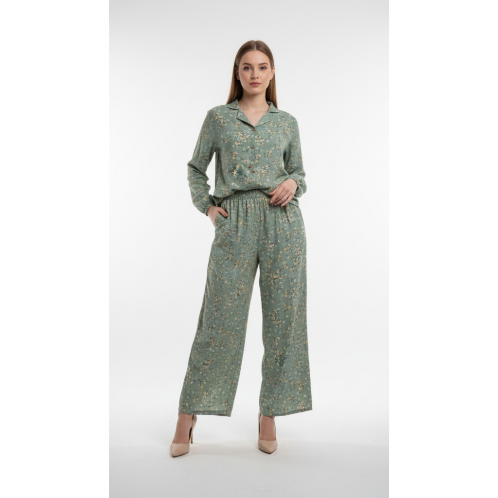 Setelan Rayon Kulot Motif Bunga Wanita – Baju & Celana Santai Lengan Panjang Outfit Santai Wanita