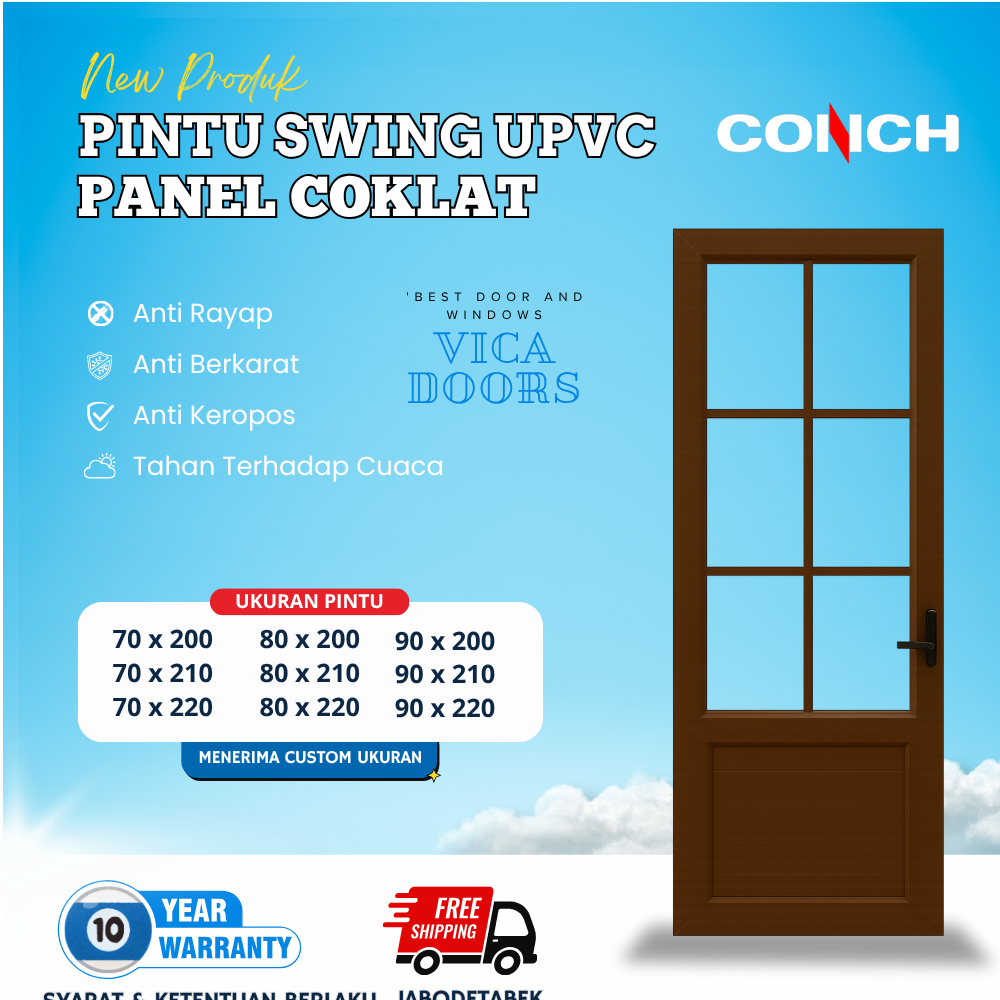Pintu Swing Panel List Kaca UPVC Pintu Rumah Modern Minimalis Warna Coklat Conch UPVC