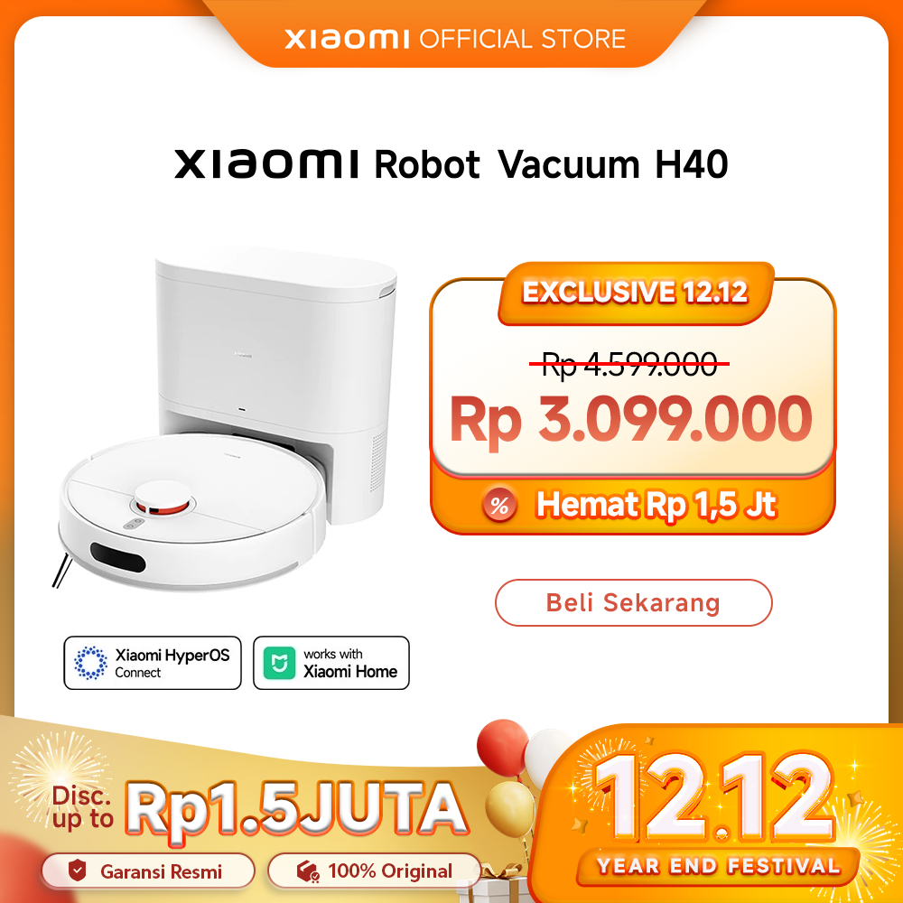 Xiaomi Robot Vacuum H40 | Daya isap kuat 10.000Pa | Desain sikat anti kusut | Pembuangan debu otomat
