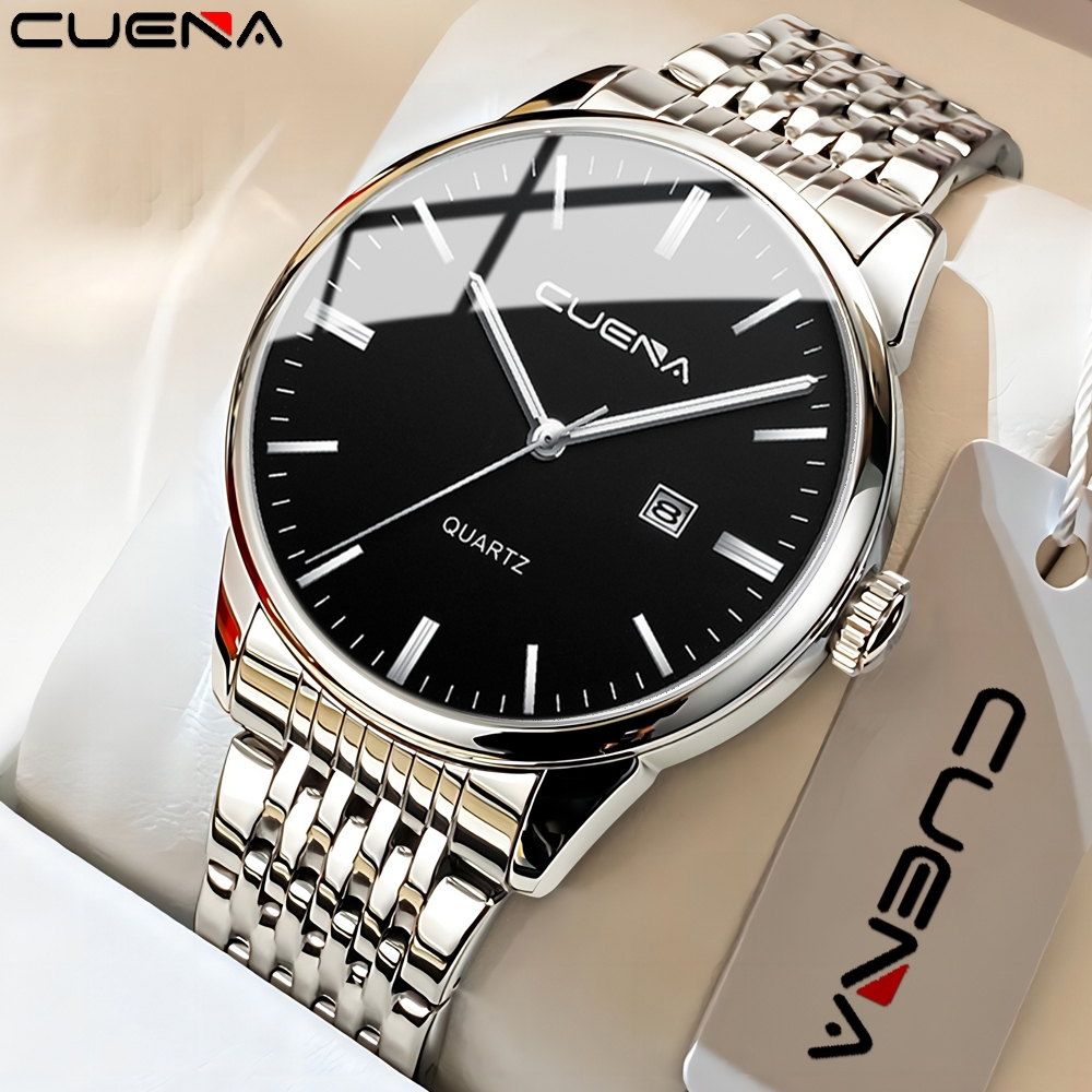 CUENA Kasual Olahraga Jam Tangan Pria Stainless Steel Band Jam Tangan Sederhana Dial Jam Kuarsa deng