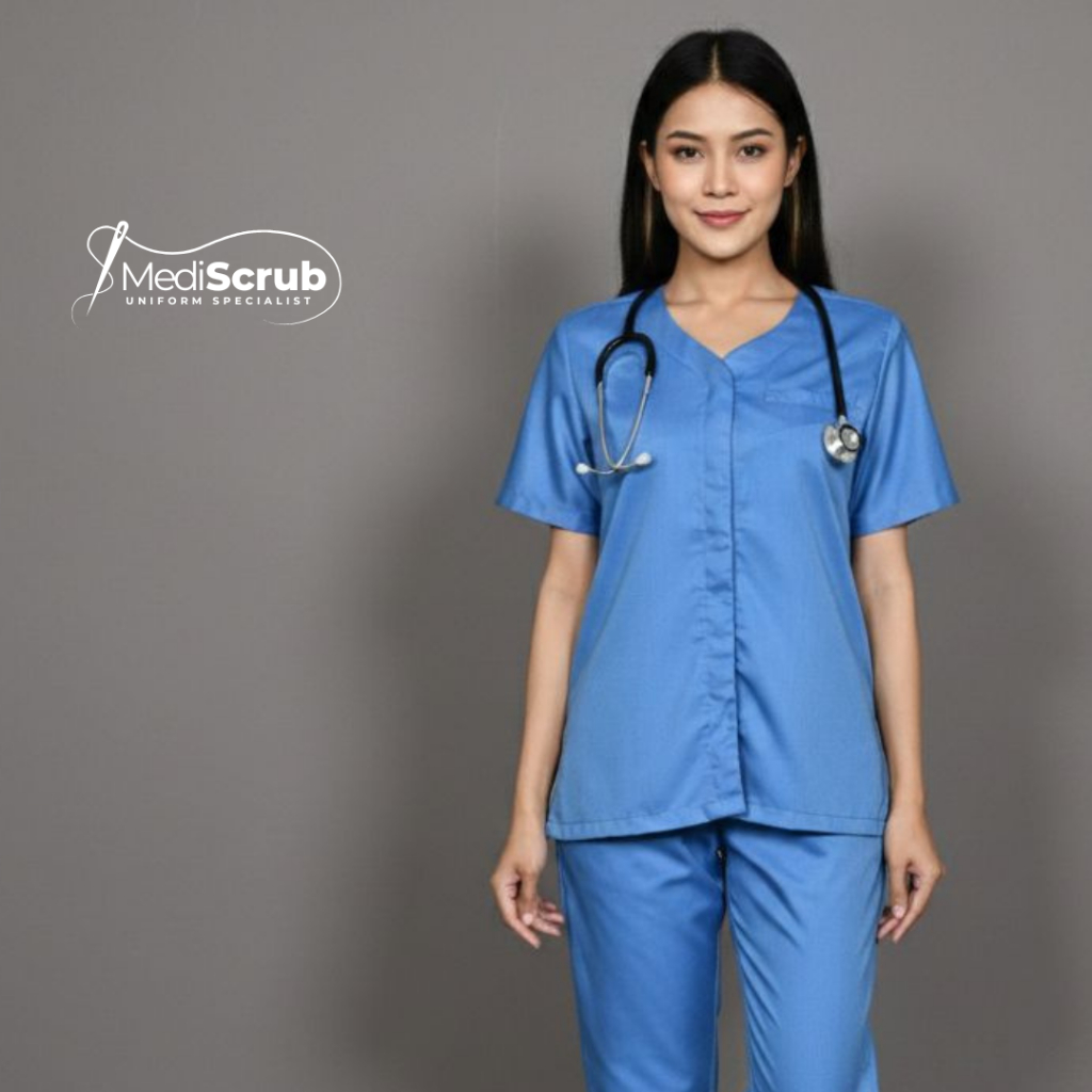 MEDISCRUB - V Neck Scrub Full Kancing / Baju Jaga Wanita Medis Dokter Perawat Seragam Klinik