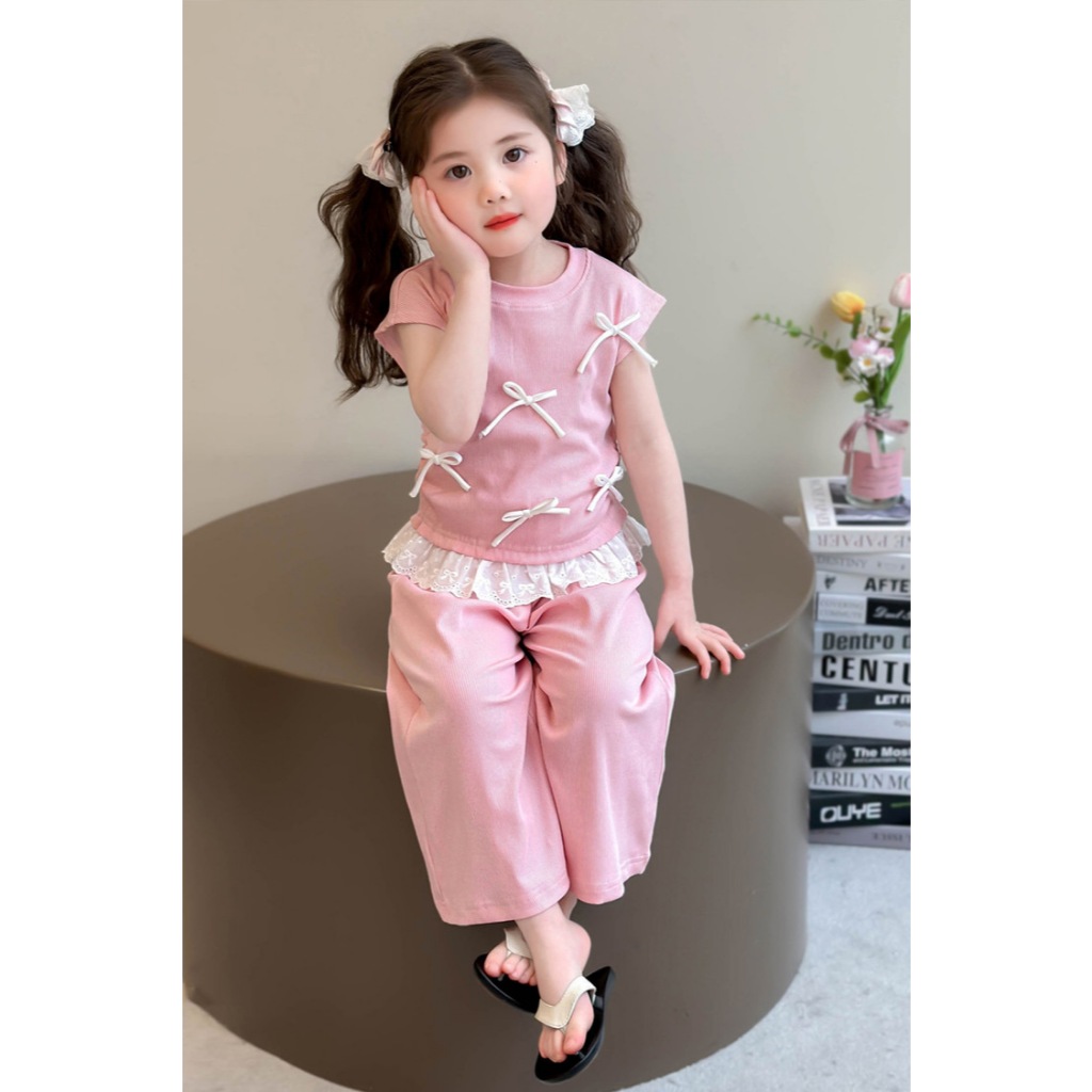 YIHAN KIDS Bow Knot Blue Ribbed Set Motif Busur Uisa1-5th/Setelan Anak Perempuan Katun Kaos T-Shirt