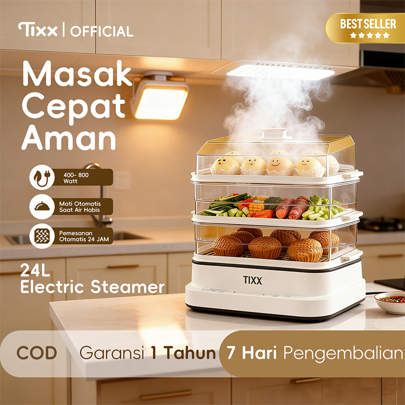 [COD]  Electric Steamer 24 Liter 3 Tingkat Multifungsi Panel Touchscreen - Kapasitas Besar untuk Rum