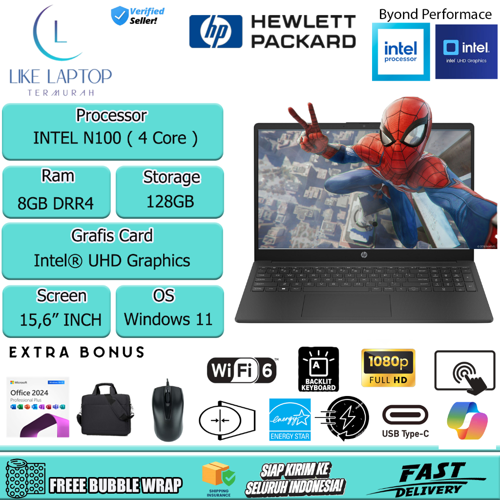 Laptop HP Intel N100 4 Core FHD Touchscreen Backlit Fingerprint Windows11 Office 2024 Original