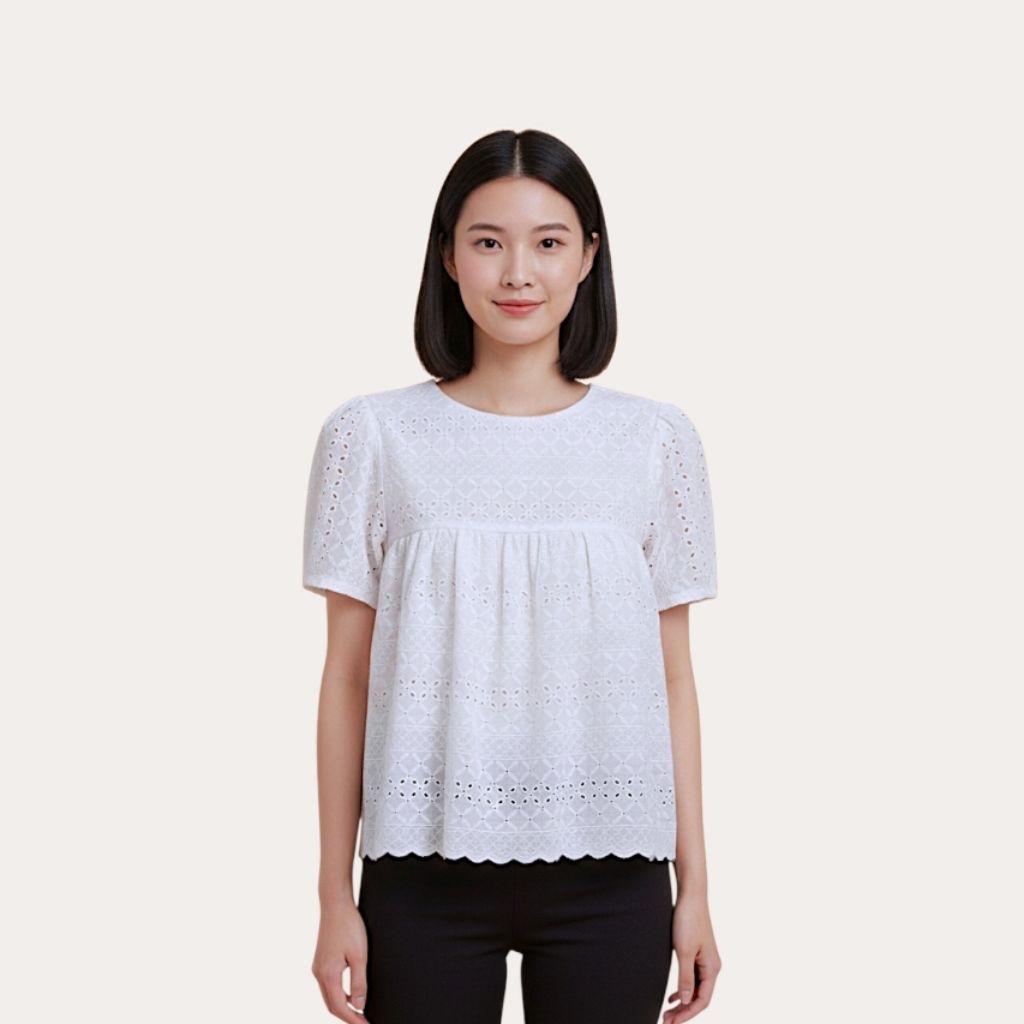 [Preloved] 024 Alegra Top | Baju Atasan Bordir Wanita Lengan Pendek Putih