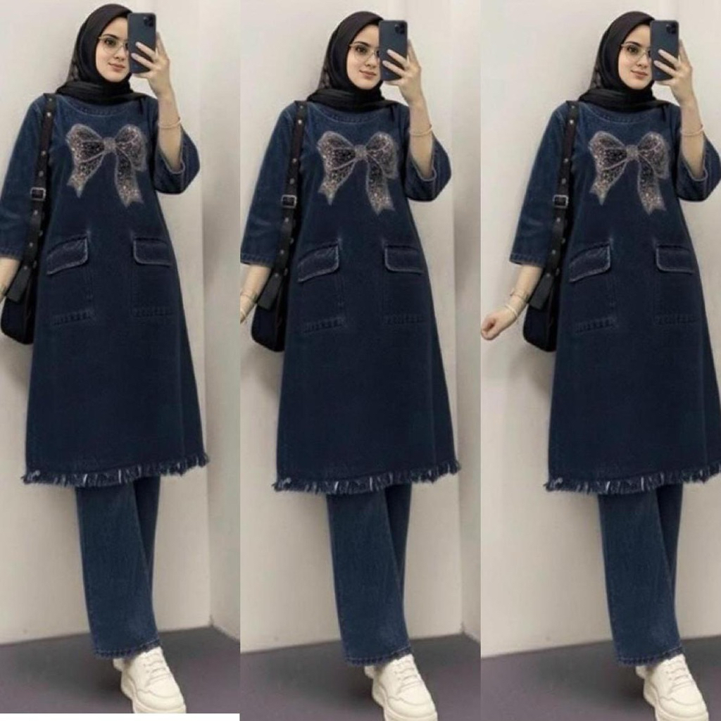 [COD] Jammi Set Tunik Top Celana Setelan Wanita Jeans Jins Denim Terbaru