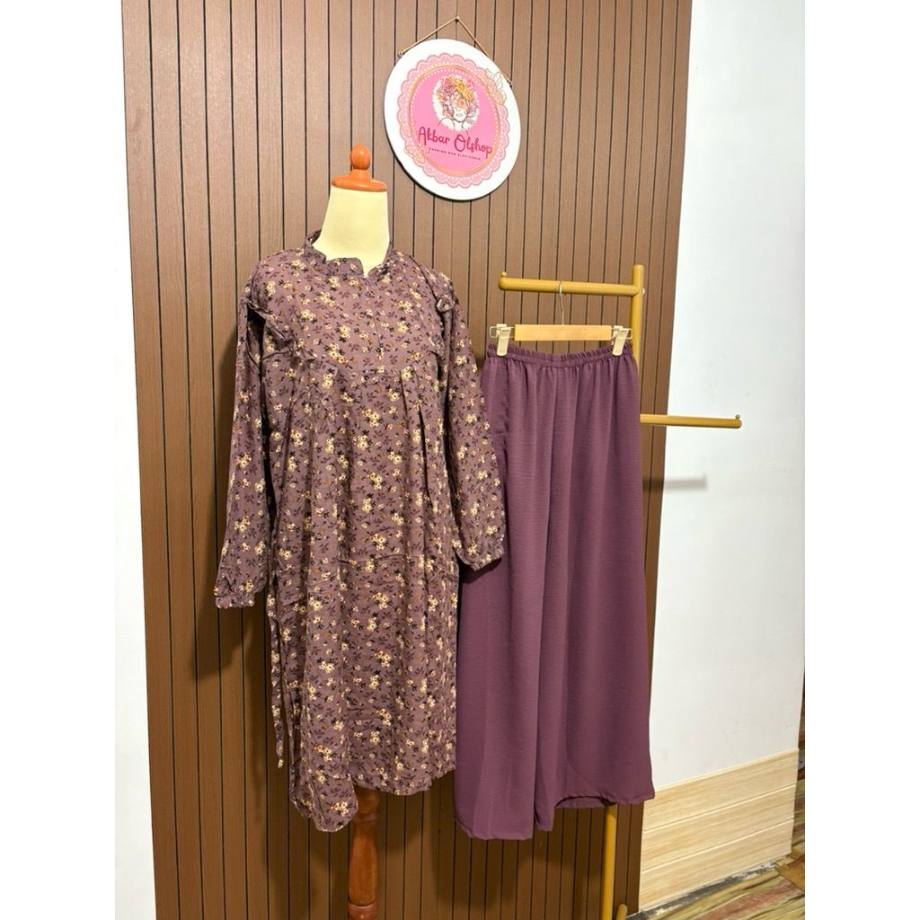 Setelan long tunik wanita bahan rayon celana crinkle motif bunga bisa busui