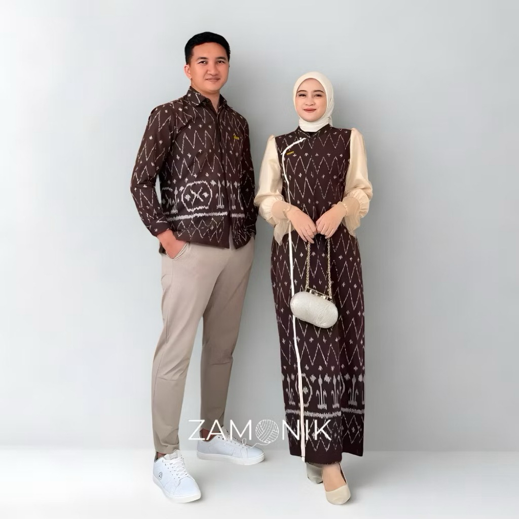 Set Baju Couple Gamis Dress Kemeja Tenun Dress Jennar Mahogany Simpel Mewah Elegan