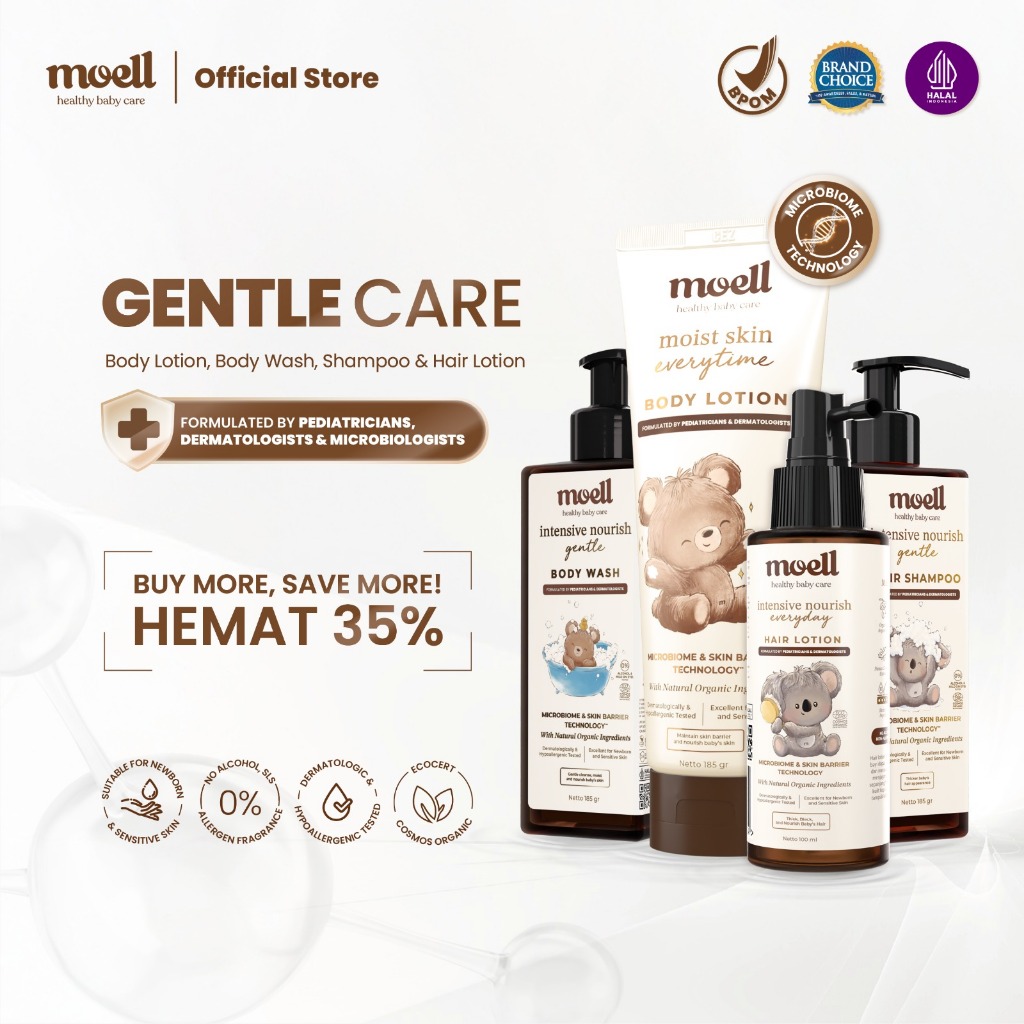 Moell Gentle Care Body Wash 185gr & Body lotion 185gr & Shampoo 185gr & Hair Lotion 100gr - Paket Pe