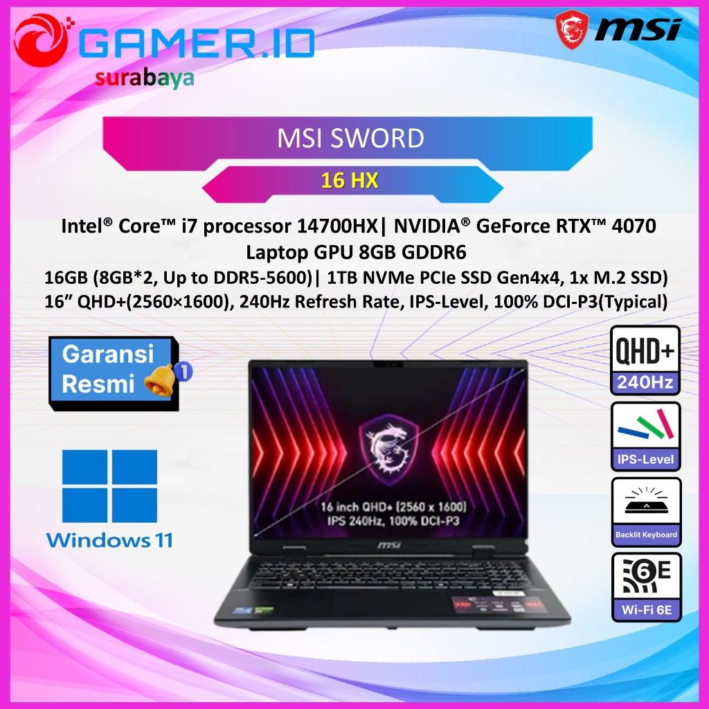 LAPTOP MSI SWORD 16 HX I7 14700HX RTX4070 8GB - 16GB 1TB 16.0QHD+ 240HZ