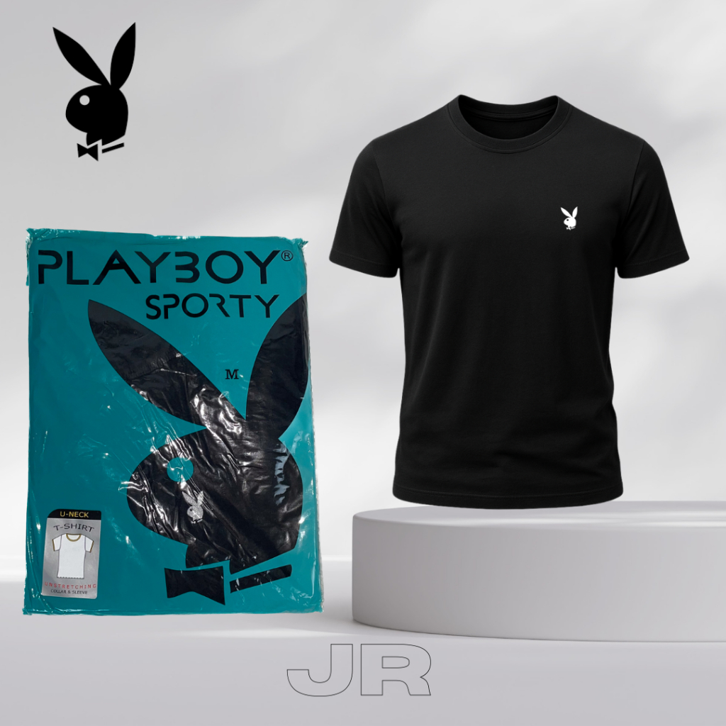Kaos Hitam Polos Playboy Sporty Pria Kerah Bulat Katun Premium