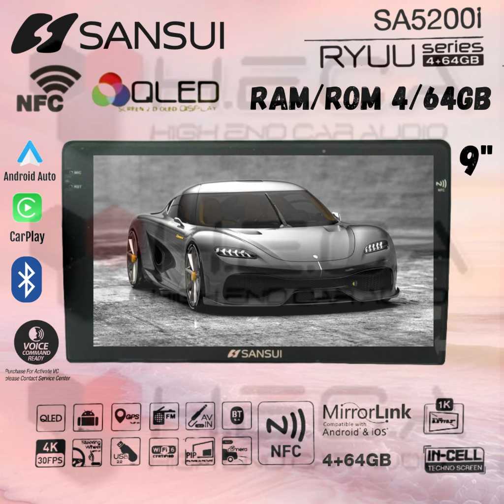Sansui RYUU Gen3 QLED NFC 4/64 GB Android 9" Inch G3 SA-5200I Head Unit Tape TV Mobil Double din