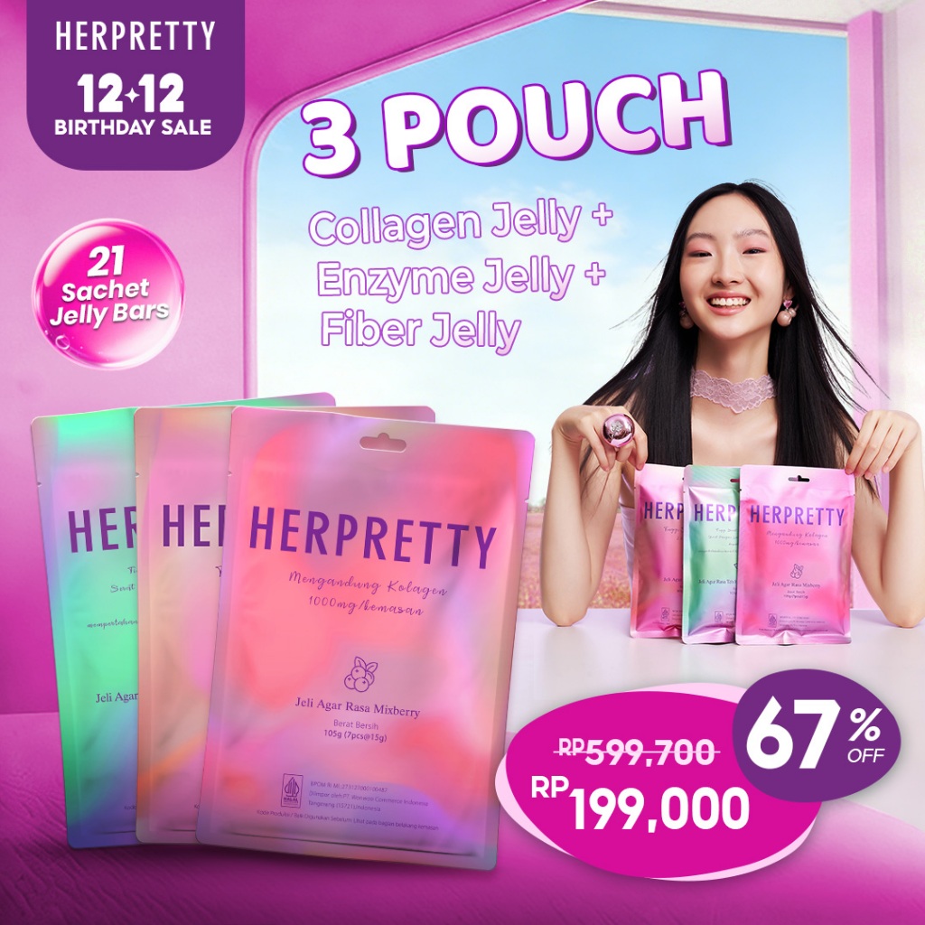 3 Pouch HerPretty Bundle - Collagen Pink White Jelly Mixberry + Enzyme Detox Purify Jelly Matcha + F
