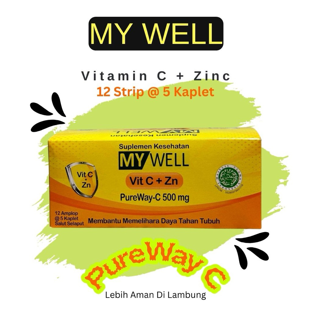 MY WELL Vitamin C + Zinc kemasan 1 Box isi 12 Strip @5 kaplet = 60 kaplet