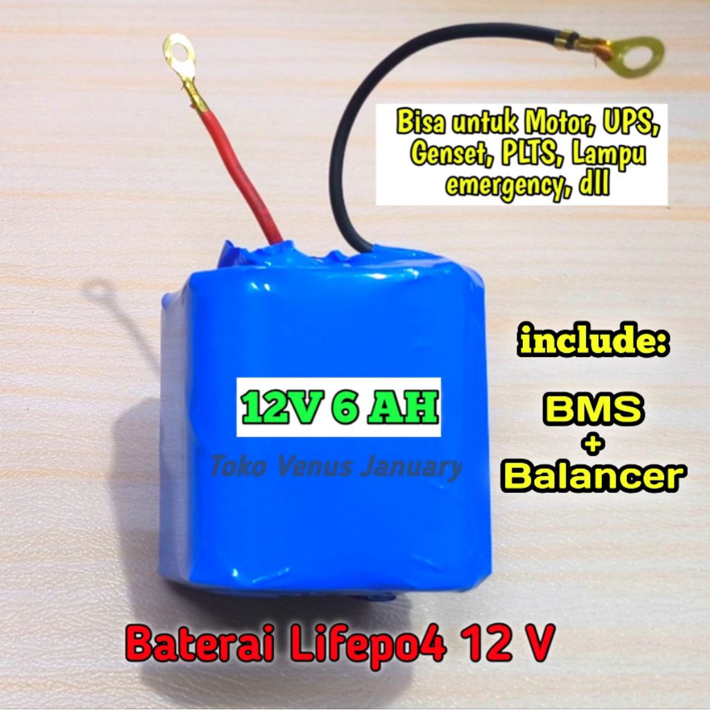 Baterai Lifepo4 12 volt 6 Ah, BMS + Balancer, bisa untuk starter motor, baterai UPS, baterai PLTS mi