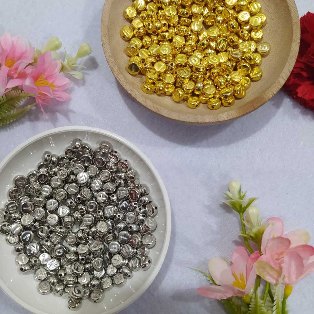 1 Pon Letter Beads Mini Bulat Gold Silver Huruf 450GR