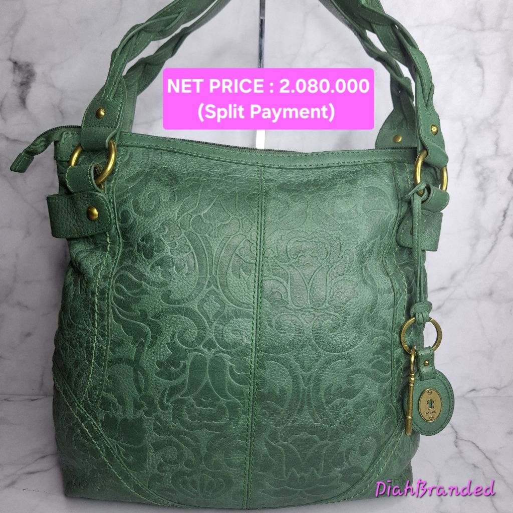 F058 - PRELOVED TAS FOSSIL HOBO WINSLET COLBY EMBOSSED GREEN FULLSET