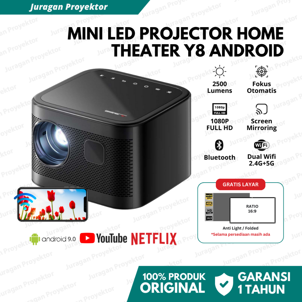 Proyektor Mini LED Y8 Android 9.0 Wifi 2500 Lumens | Proyektor Mini Portable | Proyektor Mini Androi