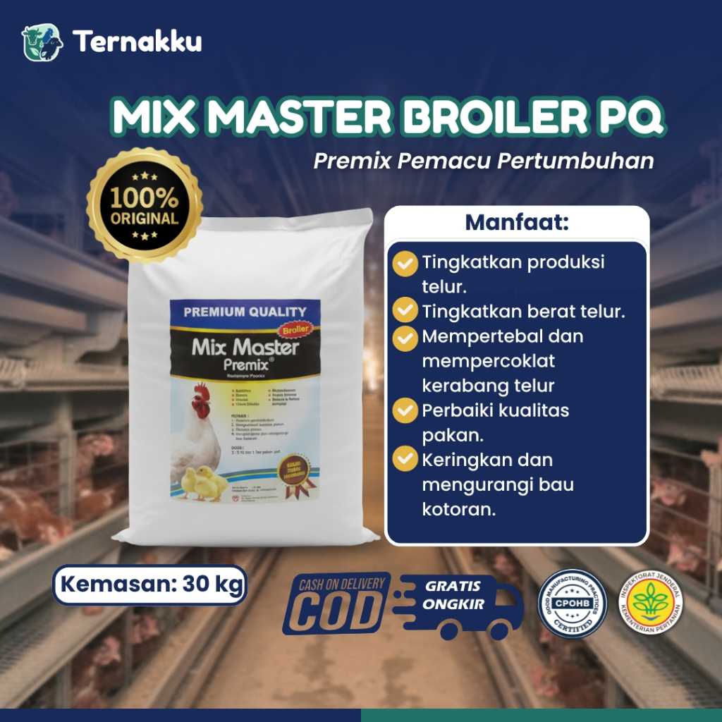 Mix Master Premix Ayam Broiler PQ 30 kg – Suplemen Pakan Penggemuk Ayam Broiler