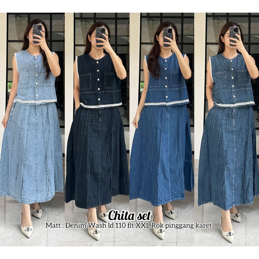 CHITAA SET ROK - ATASAN&ROK PANJANG BAHAN JEANS DENIM WASH PREMIUM