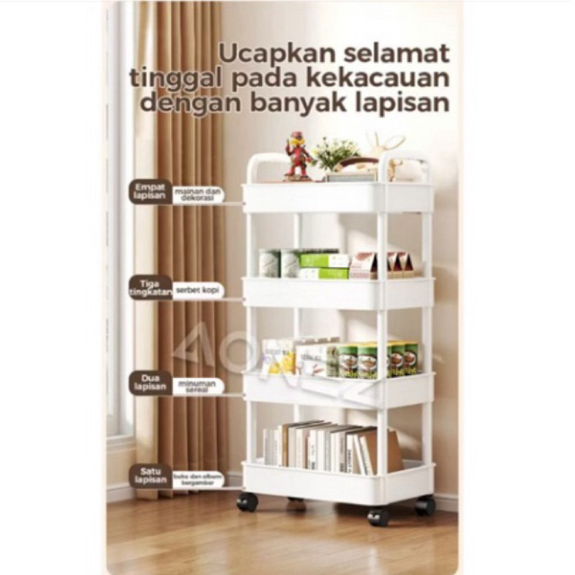 Rak Troli Susun Plastik Serbaguna dengan Roda 4 Tingkat