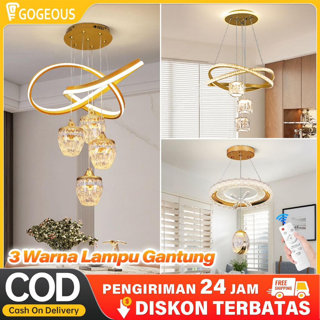 GOGEOUS COD Lampu Gantung Minimalis Kristal 3Warna+Remote 72W Ruang Makan Lampu Gantung Ruang Tamu p